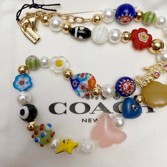 Coach Beaded Charm Necklace Millefiori Glass Art Faux Pearl Rhinestones NEW - Picture 4 of 7